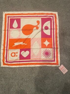 amika Cream Scarf with Pink and Orange Logo Accent hair scarf silky 24 x 24